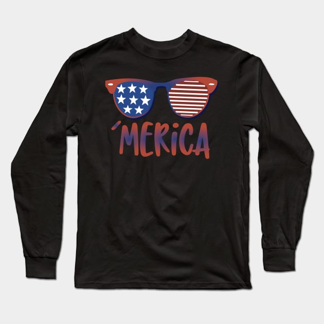 'Merica American Flag Sunglasses Long Sleeve T-Shirt by sugarveryglider